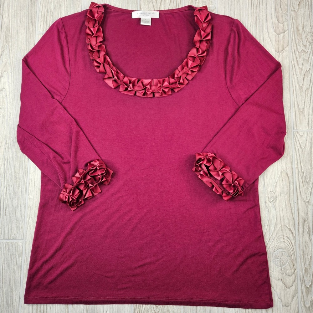 August Silk Options Womens XL Burgundy Long Sleeve Ruffle Neck Cuff Top‎ Shirt